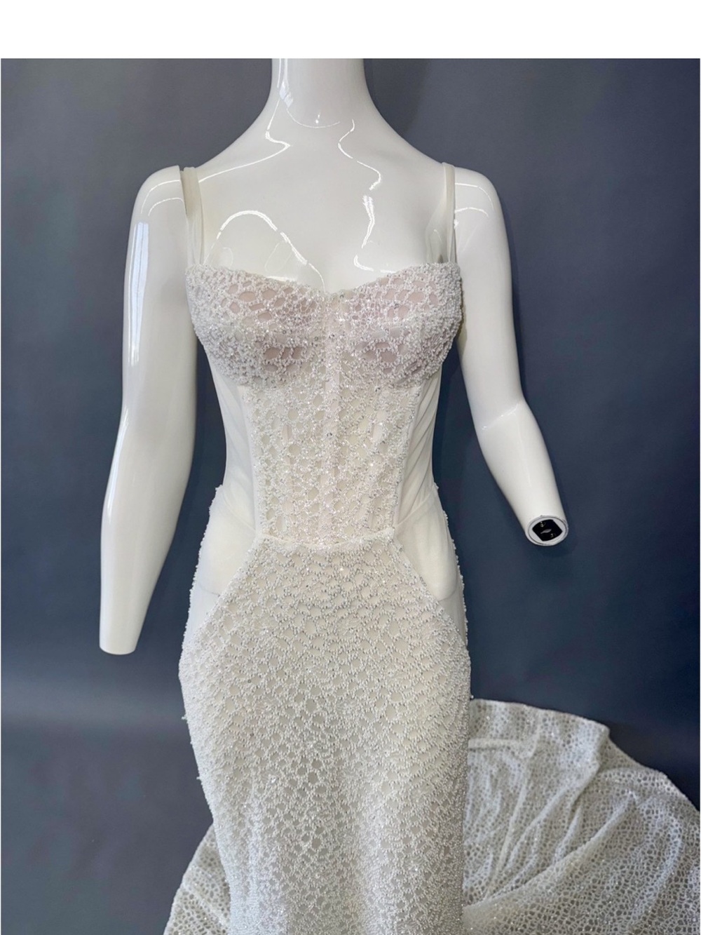 Elegant Ivory Beaded Sheath Dress with Corset Bodice AU 6